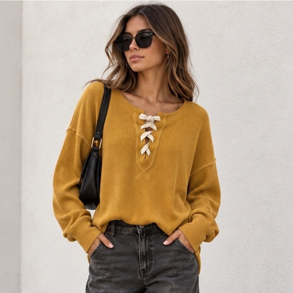 Abercrombie & Fitch Waffle Knit Top Womens XL Mustard Thermal Granola Boho